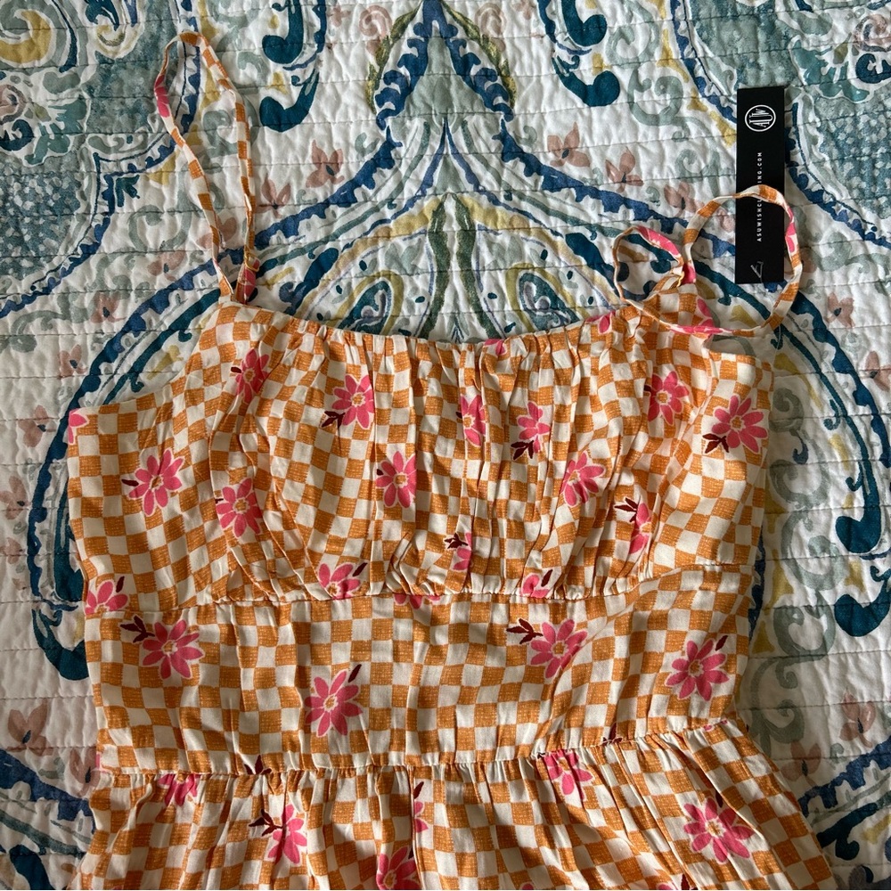 NWT As U Wish Orange and Pink Floral Checkered Romper Dress, Size M